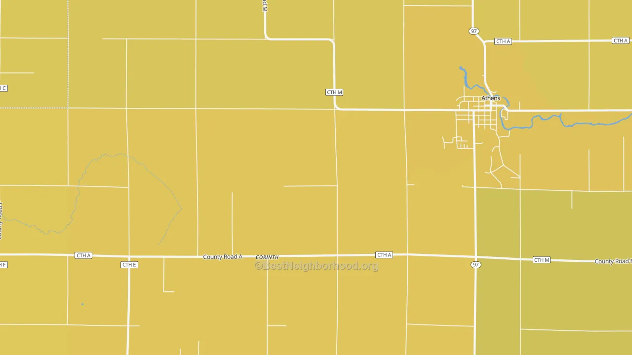 Map of the best neighborhoods in the Corinth area, with better matches in green and worse matches in red