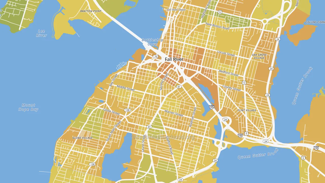 Map of the best neighborhoods in the Corky Row, Fall River area, with better matches in green and worse matches in red