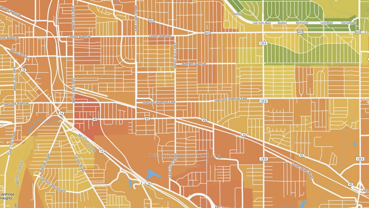 Map of the best neighborhoods in the Corlett, Cleveland area, with better matches in green and worse matches in red
