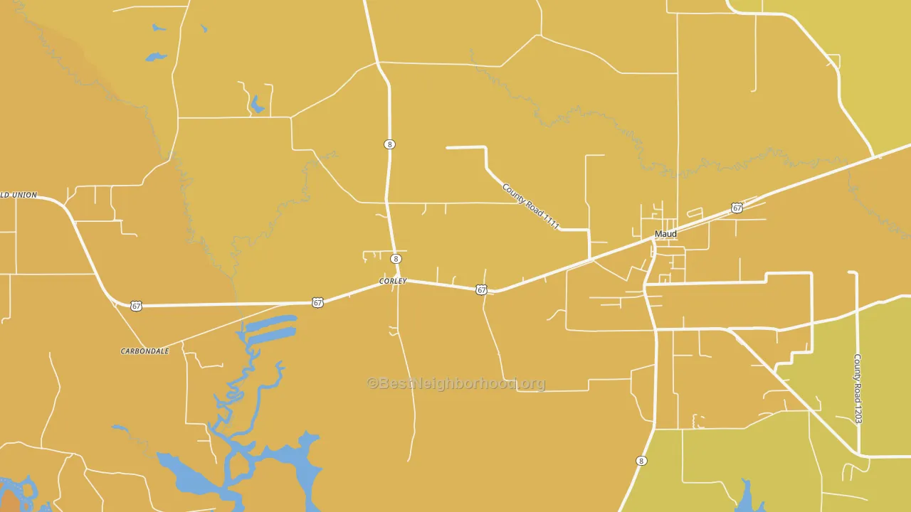 Map of the best neighborhoods in the Corley area, with better matches in green and worse matches in red