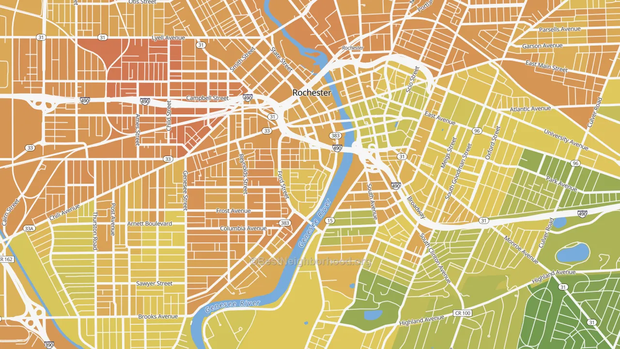 Map of the best neighborhoods in the Corn Hill, Rochester area, with better matches in green and worse matches in red