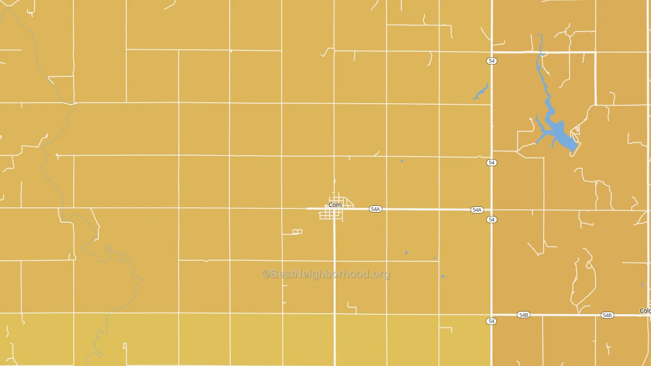 Map of the best neighborhoods in the Corn area, with better matches in green and worse matches in red