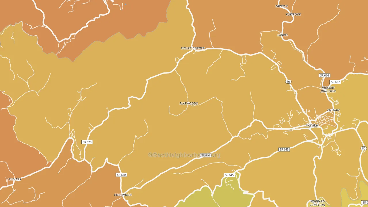 Map of the best neighborhoods in the Corn Valley area, with better matches in green and worse matches in red