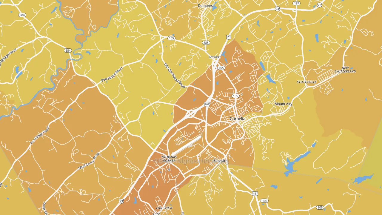 Map of the best neighborhoods in the Cornelia area, with better matches in green and worse matches in red