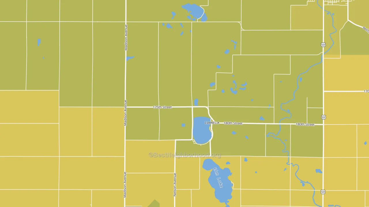 Map of the best neighborhoods in the Cornelia area, with better matches in green and worse matches in red