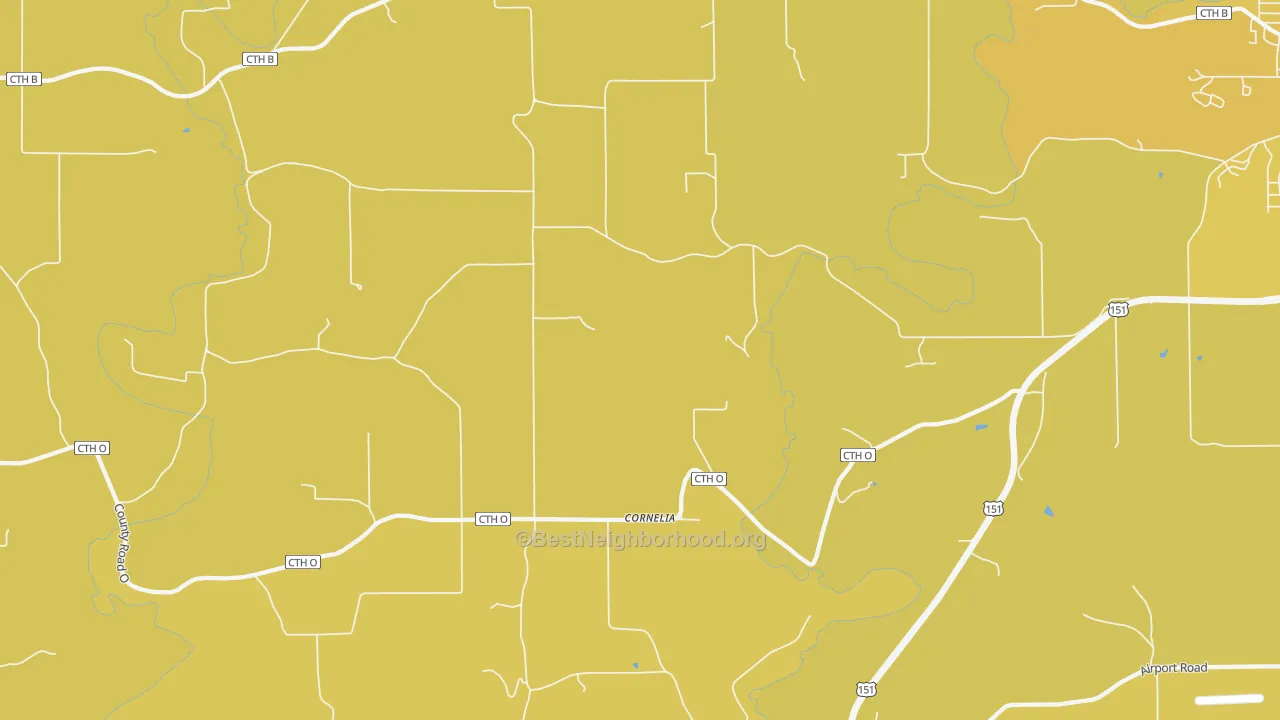 Map of the best neighborhoods in the Cornelia area, with better matches in green and worse matches in red