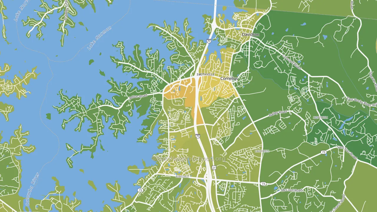 Map of the best neighborhoods in the Cornelius area, with better matches in green and worse matches in red