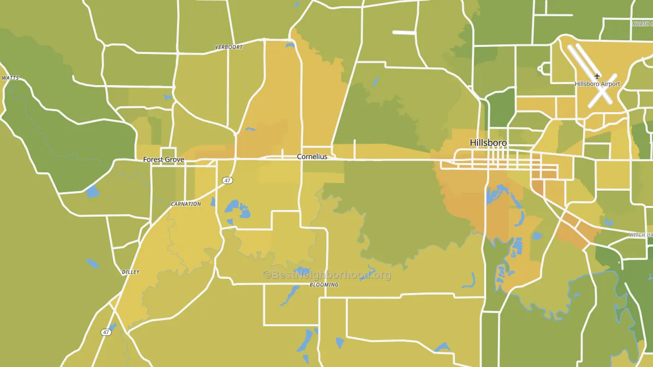 Map of the best neighborhoods in the Cornelius area, with better matches in green and worse matches in red