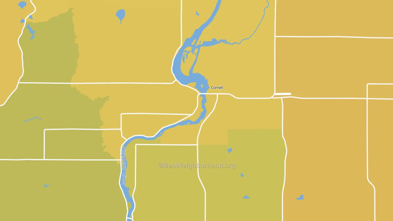 Map of the best neighborhoods in the Cornell area, with better matches in green and worse matches in red