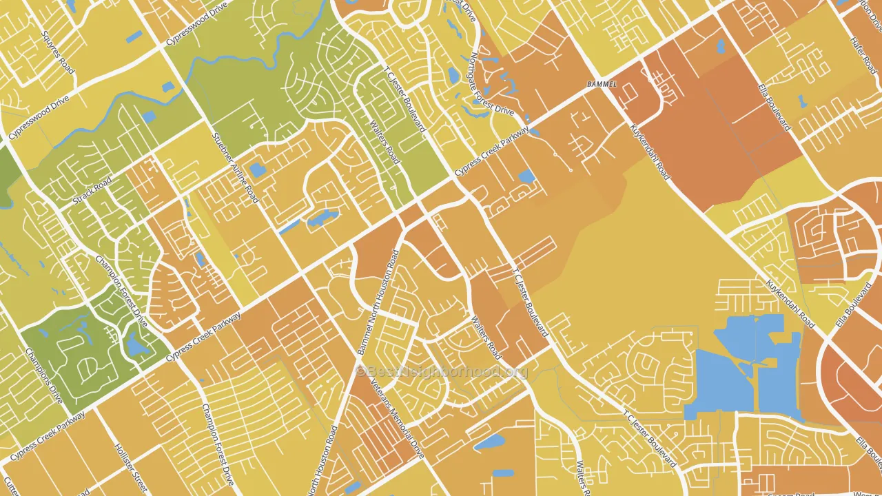 Map of the best neighborhoods in the Cornerstone Village North, Houston area, with better matches in green and worse matches in red