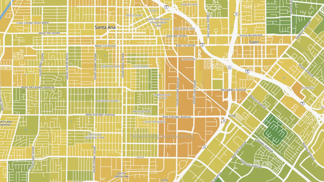 Map of the best neighborhoods in the Cornerstone Village, Santa Ana area, with better matches in green and worse matches in red