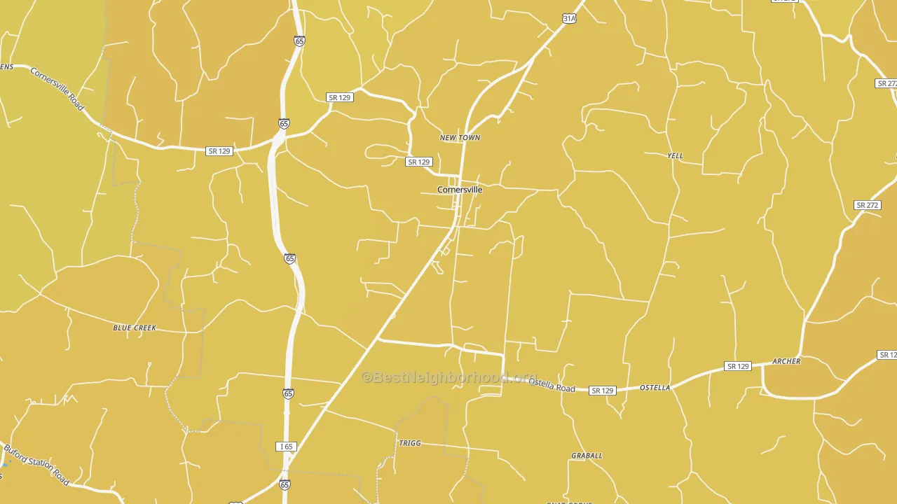 Map of the best neighborhoods in the Cornersville area, with better matches in green and worse matches in red