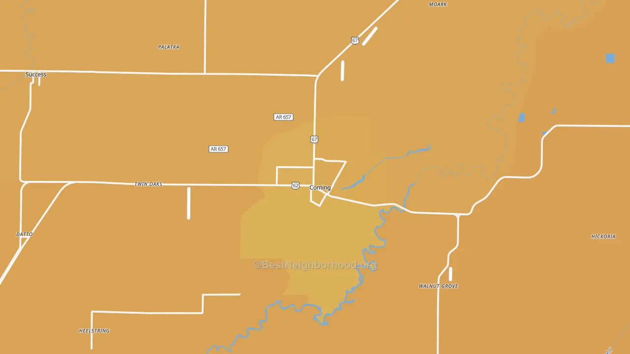 Map of the best neighborhoods in the Corning area, with better matches in green and worse matches in red