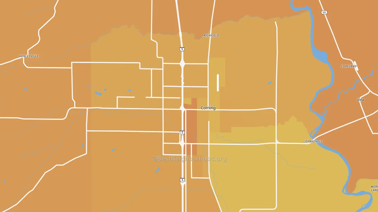 Map of the best neighborhoods in the Corning area, with better matches in green and worse matches in red