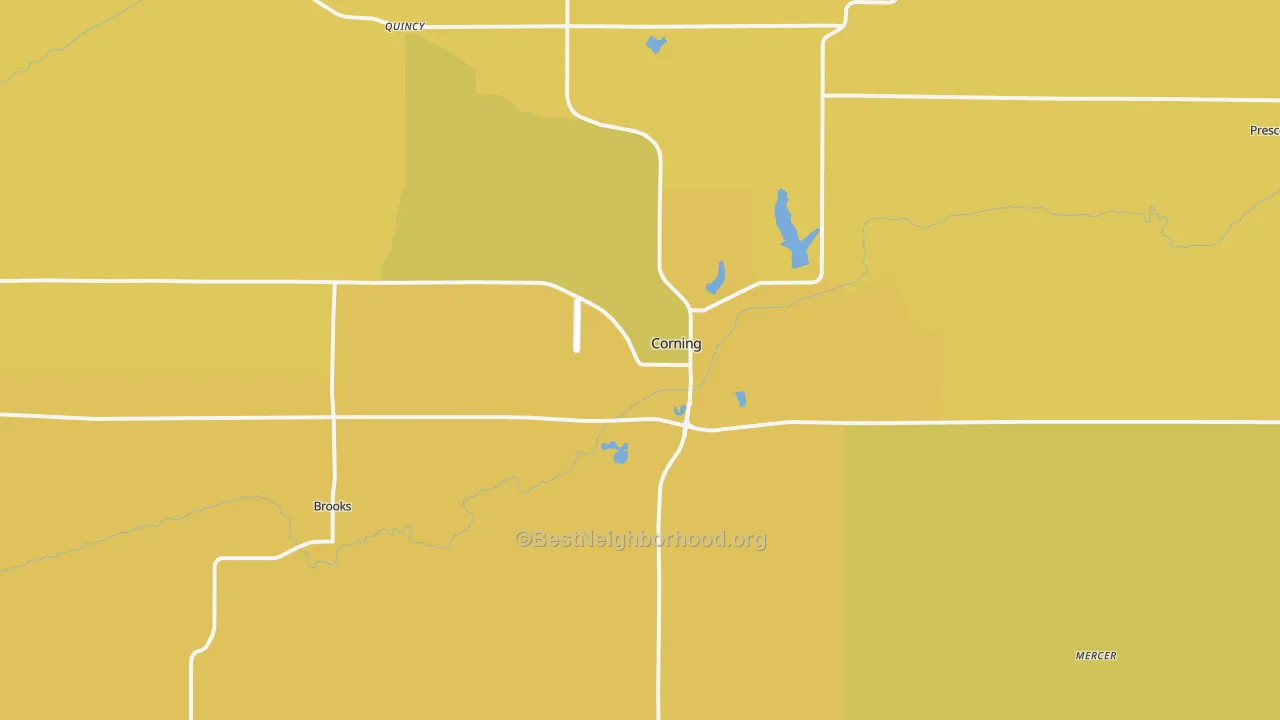 Map of the best neighborhoods in the Corning area, with better matches in green and worse matches in red