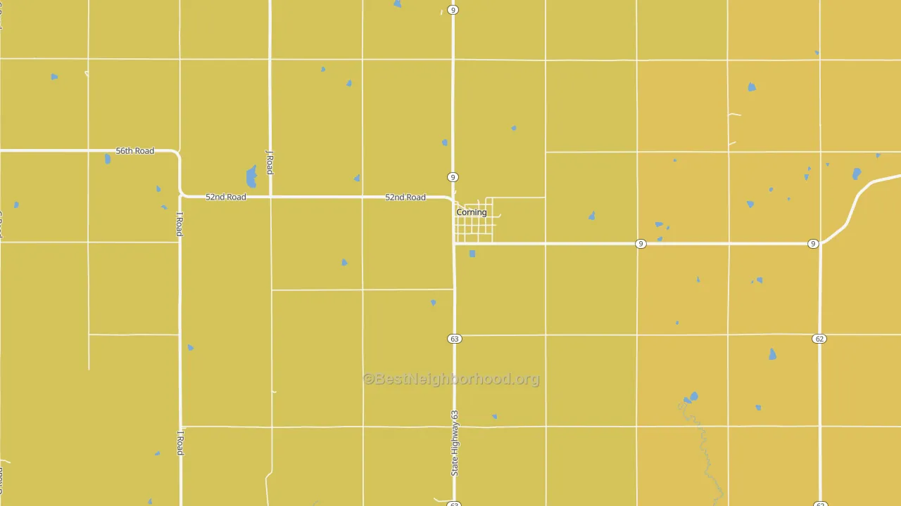 Map of the best neighborhoods in the Corning area, with better matches in green and worse matches in red