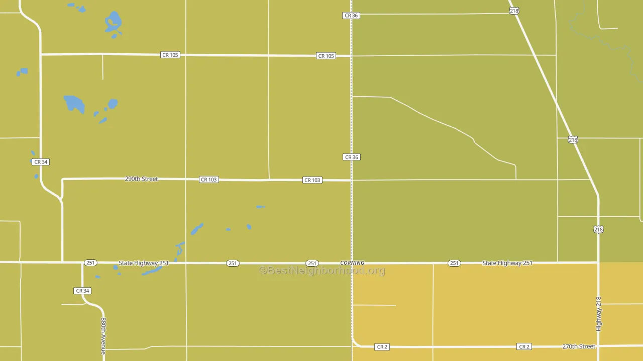 Map of the best neighborhoods in the Corning area, with better matches in green and worse matches in red