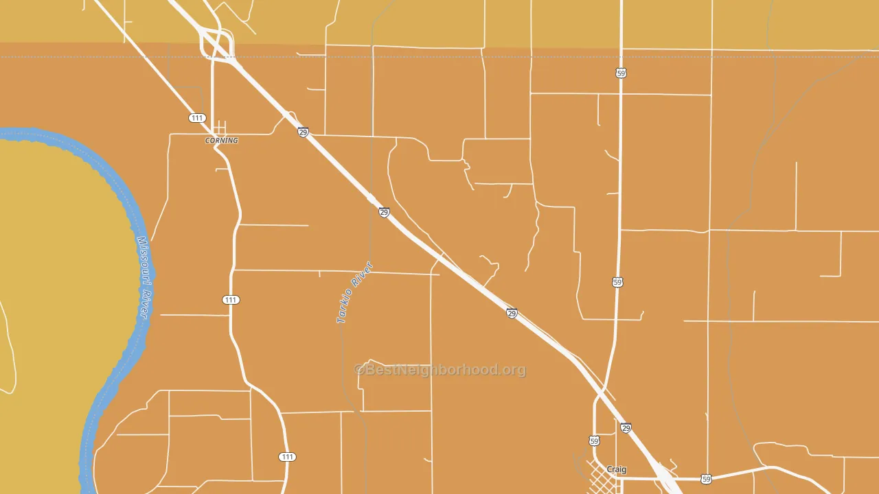 Map of the best neighborhoods in the Corning area, with better matches in green and worse matches in red