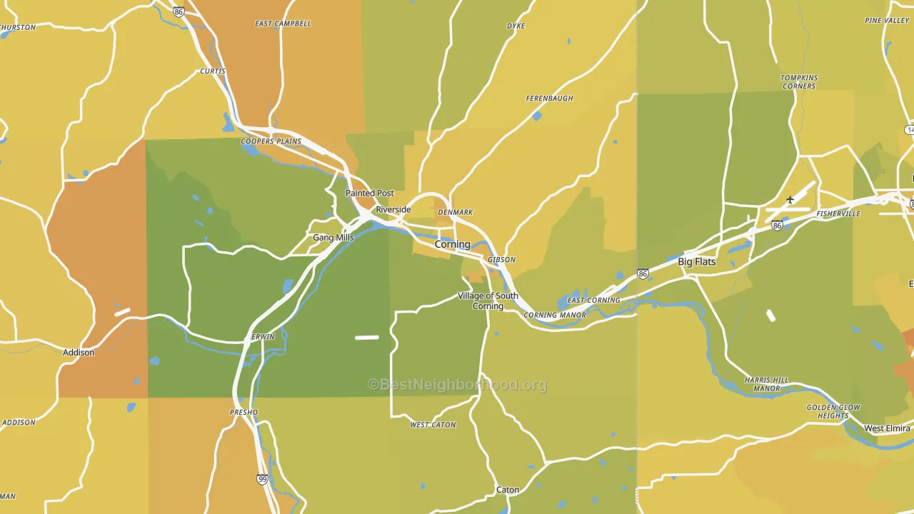 Map of the best neighborhoods in the Corning area, with better matches in green and worse matches in red