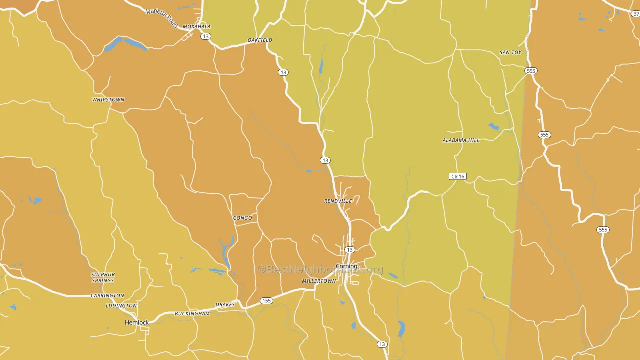 Map of the best neighborhoods in the Corning area, with better matches in green and worse matches in red