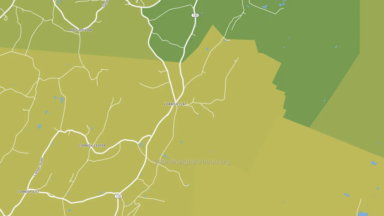 Map of the best neighborhoods in the Cornish Flat area, with better matches in green and worse matches in red
