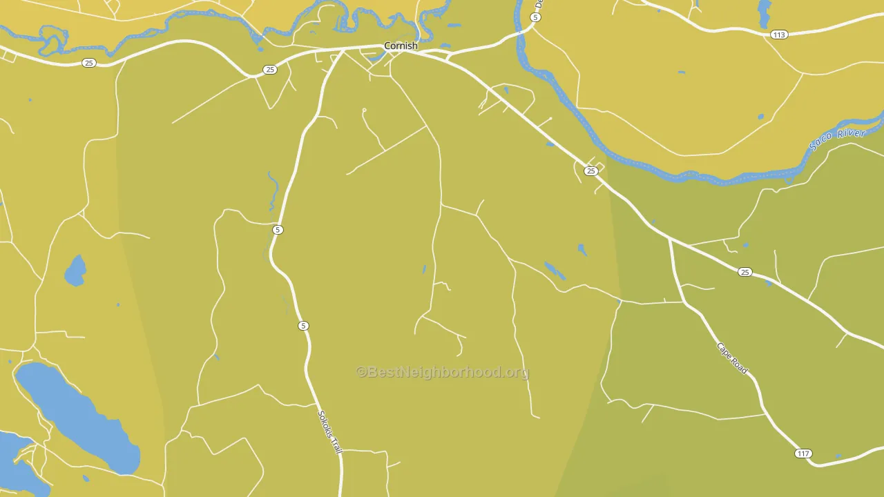 Map of the best neighborhoods in the Cornish area, with better matches in green and worse matches in red