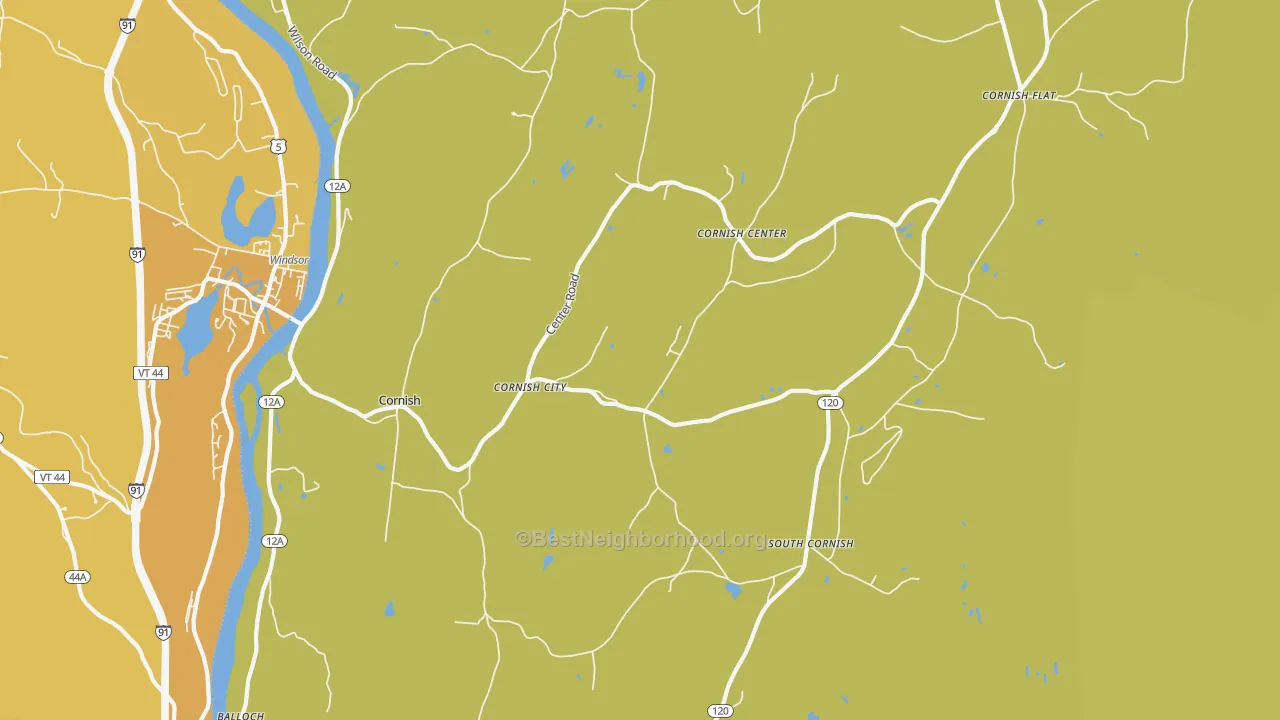 Map of the best neighborhoods in the Cornish area, with better matches in green and worse matches in red