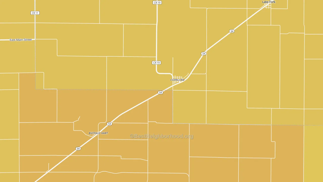 Map of the best neighborhoods in the Cornland area, with better matches in green and worse matches in red