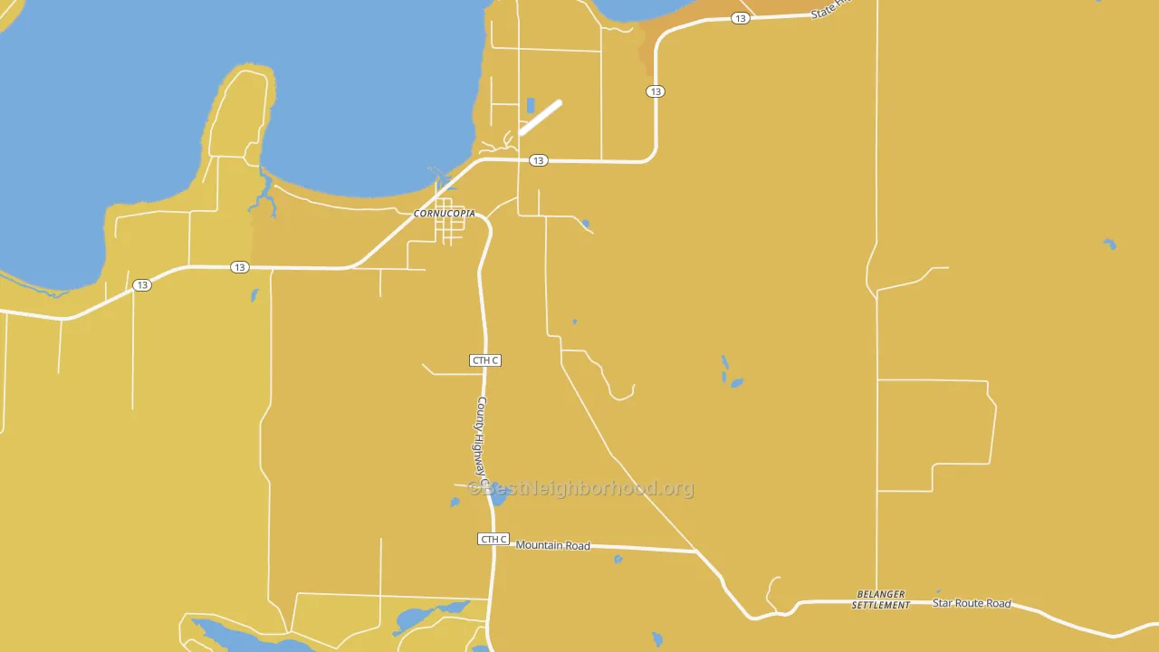 Map of the best neighborhoods in the Cornucopia area, with better matches in green and worse matches in red
