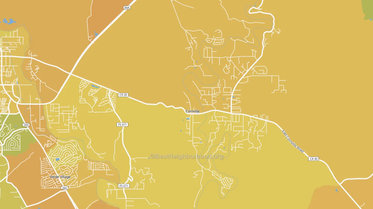 Map of the best neighborhoods in the Cornville area, with better matches in green and worse matches in red