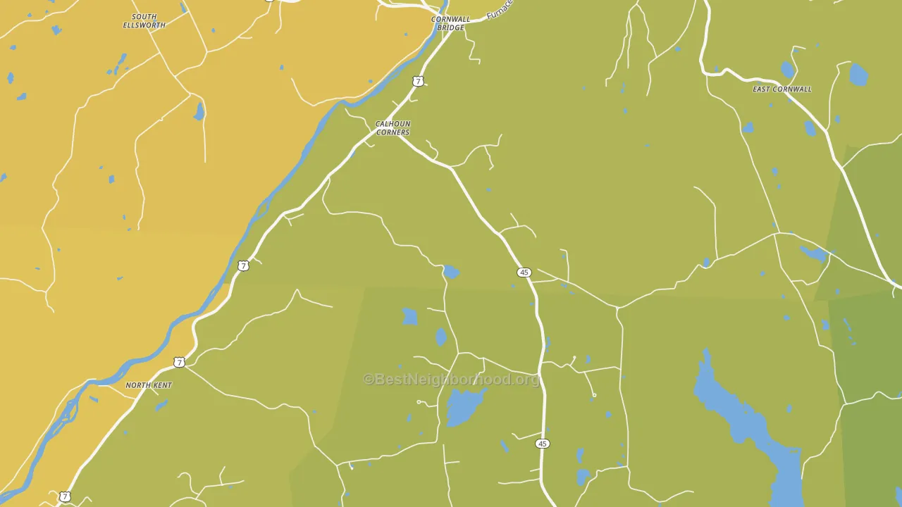 Map of the best neighborhoods in the Cornwall Bridge area, with better matches in green and worse matches in red