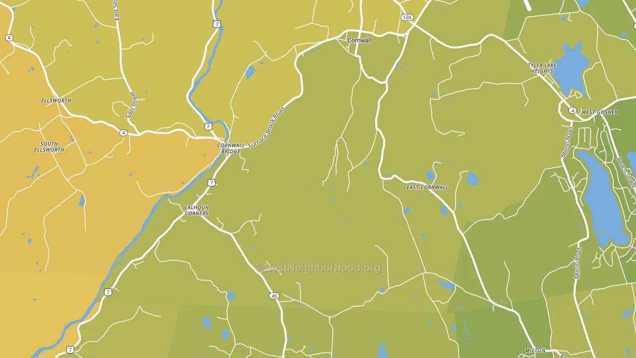 Map of the best neighborhoods in the Cornwall area, with better matches in green and worse matches in red