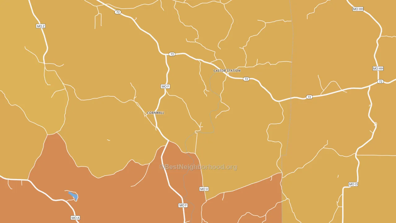 Map of the best neighborhoods in the Cornwall area, with better matches in green and worse matches in red