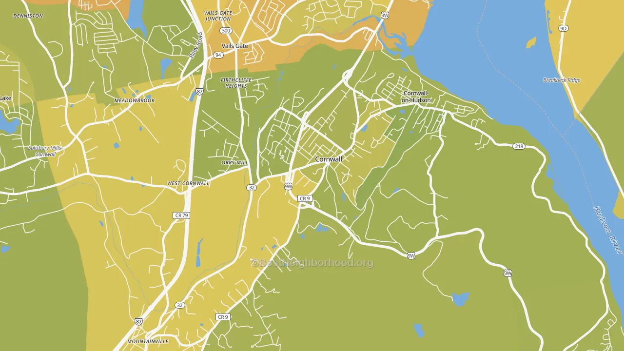Map of the best neighborhoods in the Cornwall area, with better matches in green and worse matches in red