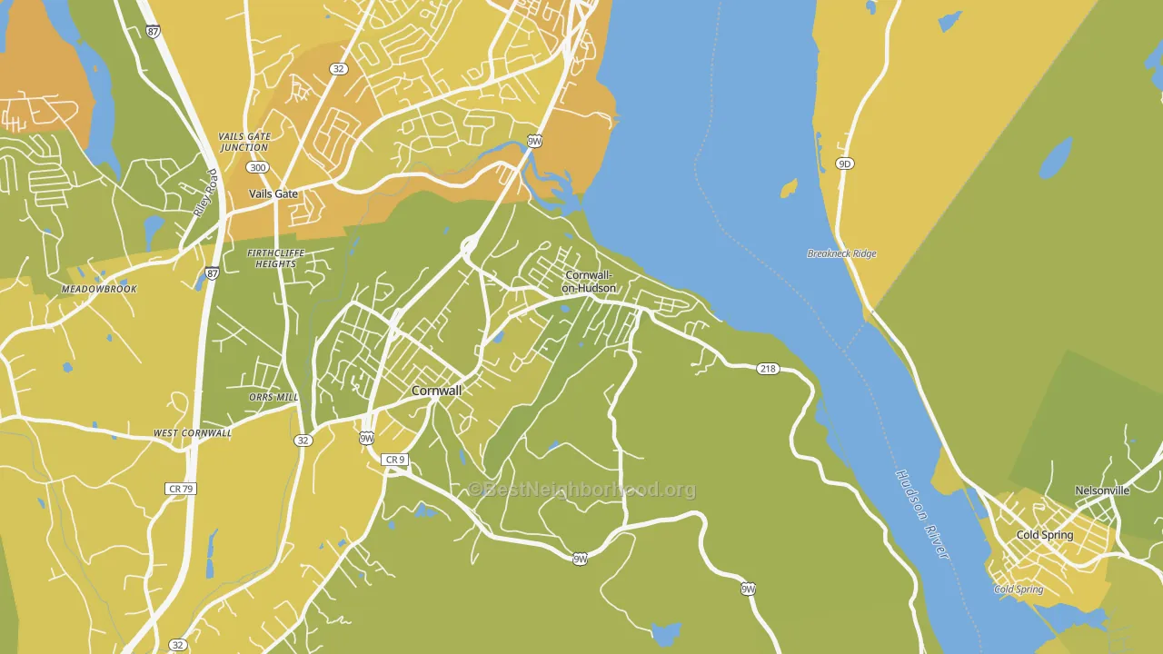 Map of the best neighborhoods in the Cornwall On Hudson area, with better matches in green and worse matches in red