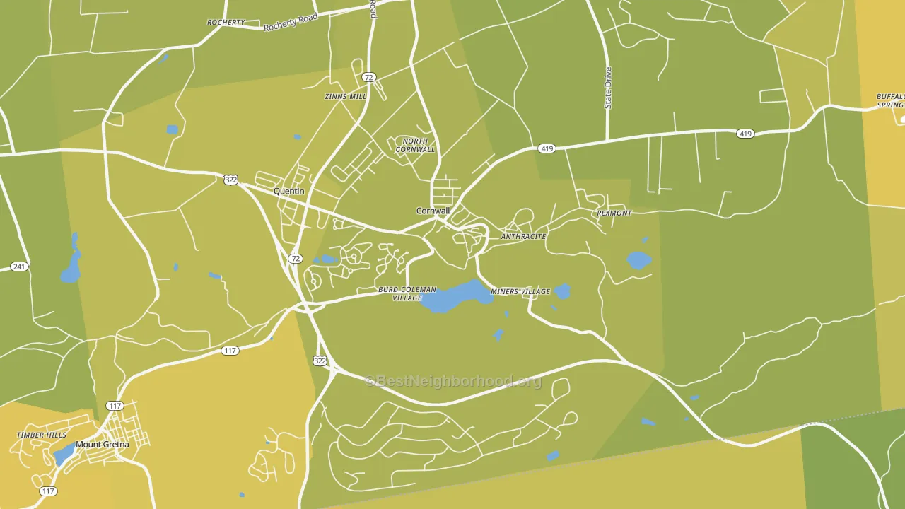 Map of the best neighborhoods in the Cornwall area, with better matches in green and worse matches in red
