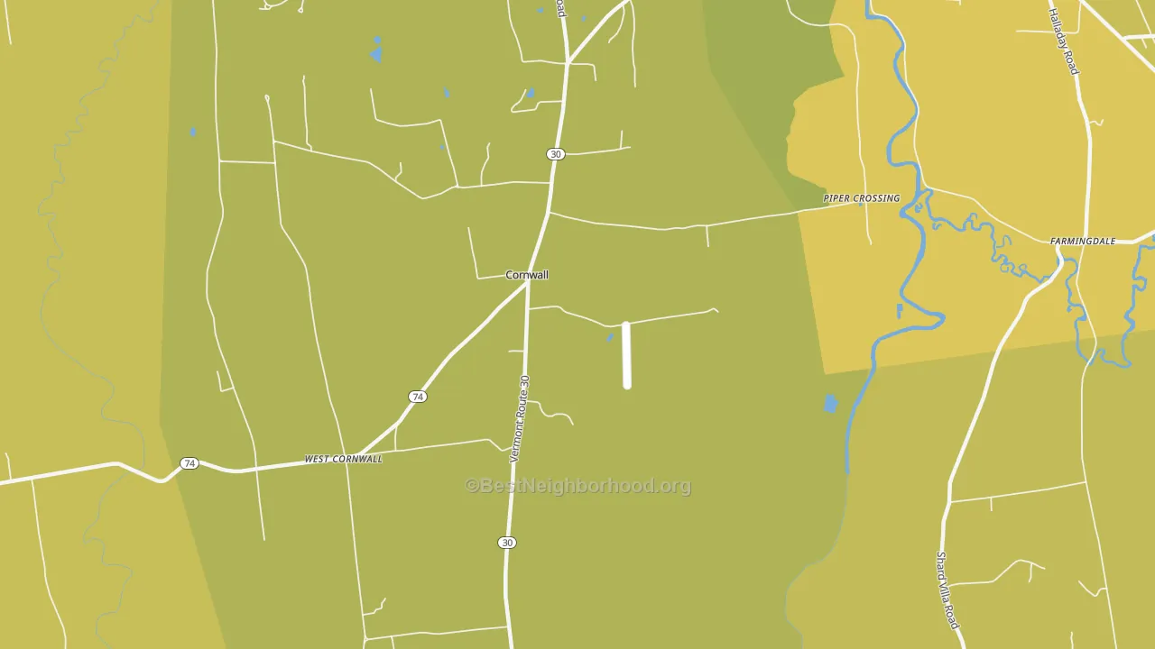 Map of the best neighborhoods in the Cornwall area, with better matches in green and worse matches in red