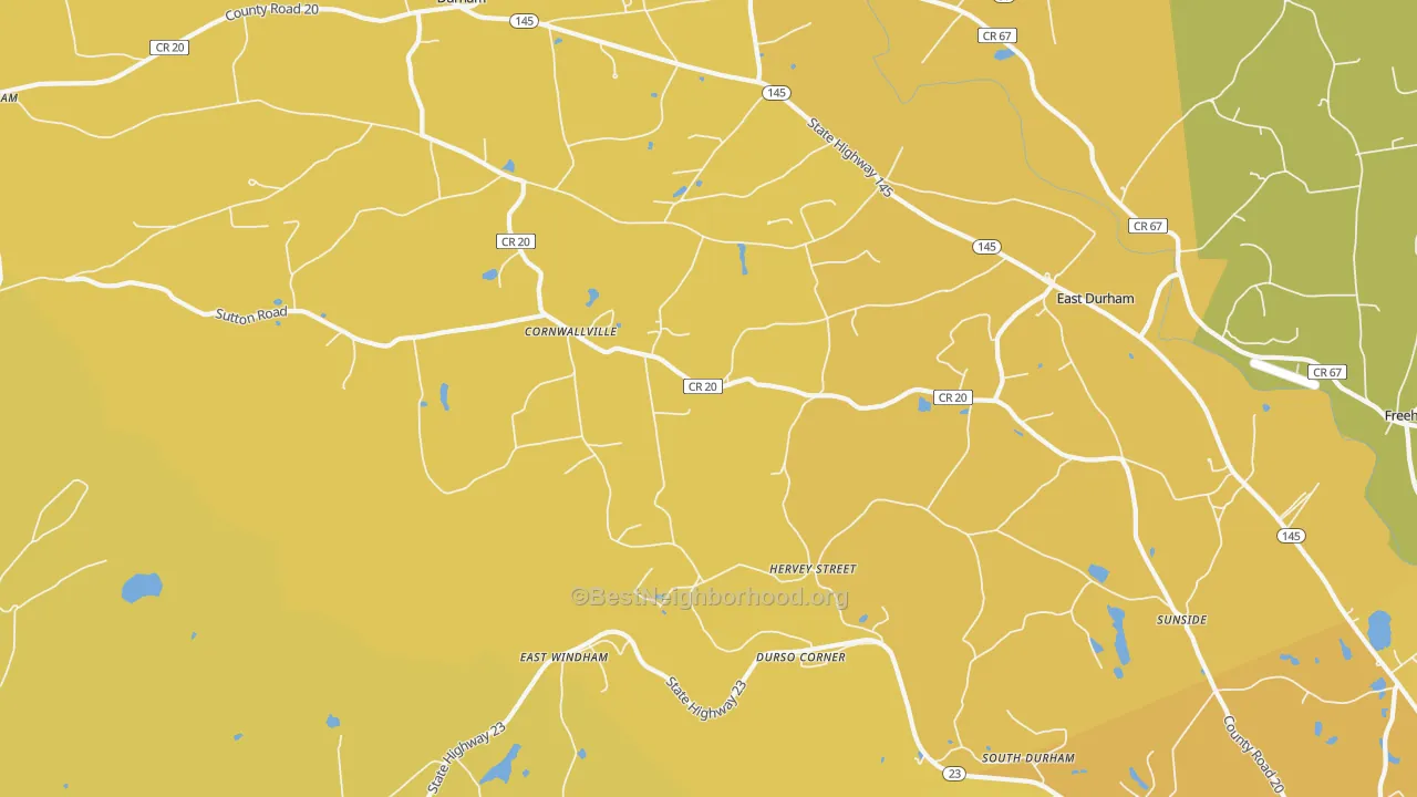 Map of the best neighborhoods in the Cornwallville area, with better matches in green and worse matches in red