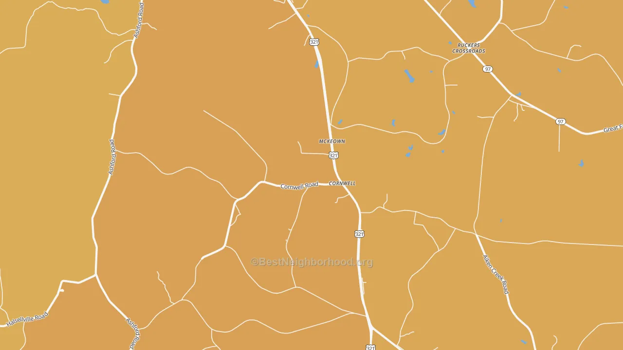 Map of the best neighborhoods in the Cornwell area, with better matches in green and worse matches in red