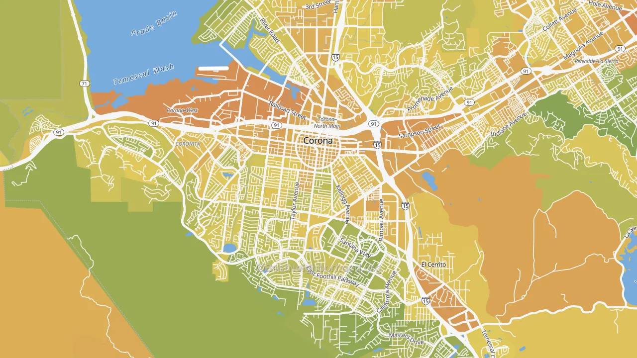Map of the best neighborhoods in the Corona area, with better matches in green and worse matches in red
