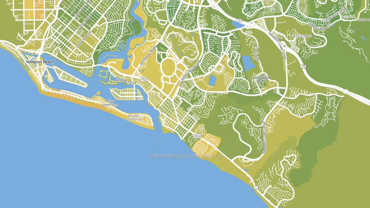 Map of the best neighborhoods in the Corona Del Mar area, with better matches in green and worse matches in red