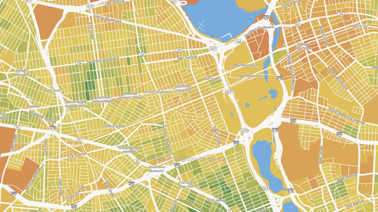 Map of the best neighborhoods in the Corona, Queens area, with better matches in green and worse matches in red