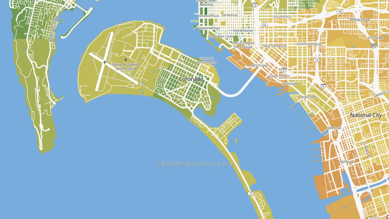 Map of the best neighborhoods in the Coronado area, with better matches in green and worse matches in red