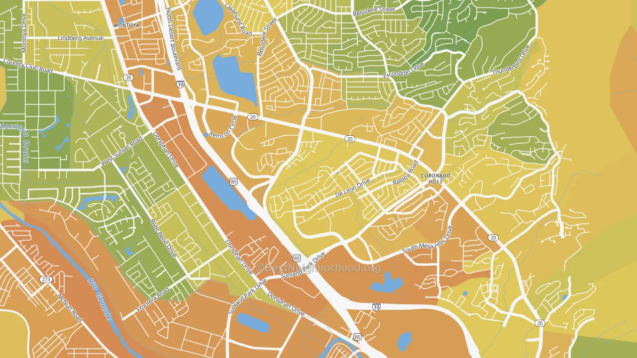 Map of the best neighborhoods in the Coronado, El Paso area, with better matches in green and worse matches in red