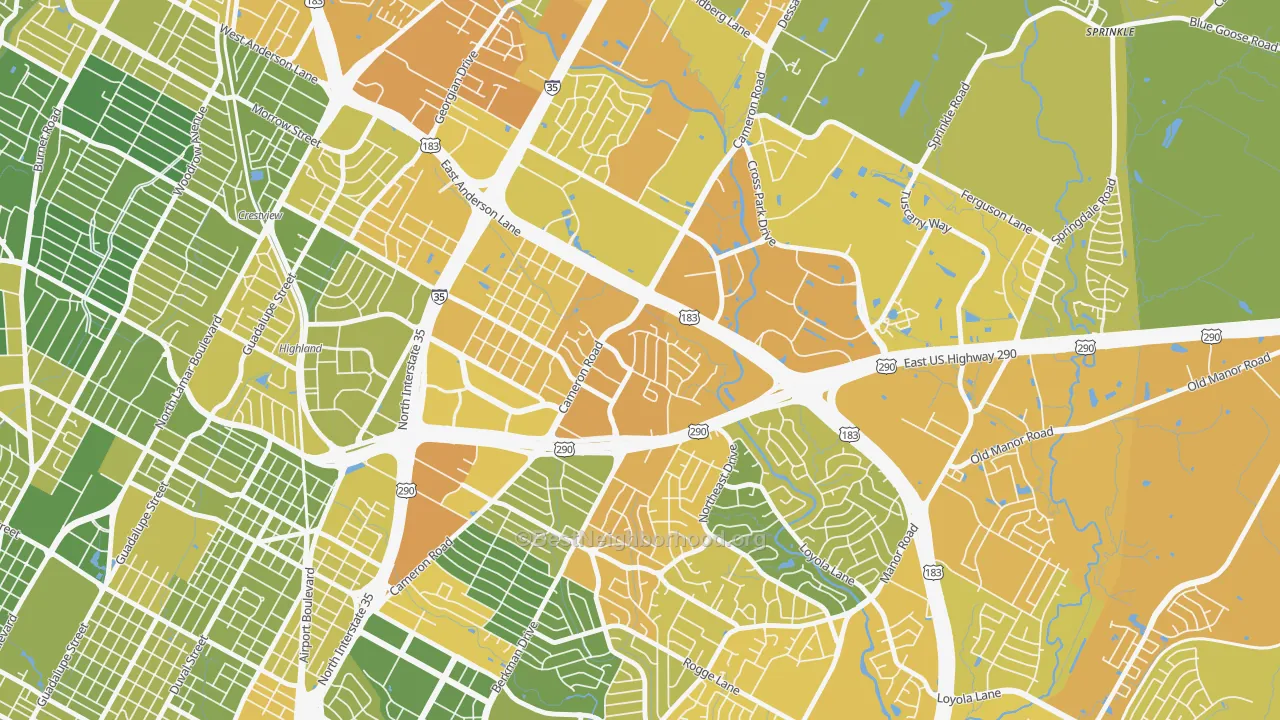 Map of the best neighborhoods in the Coronado Hills, Austin area, with better matches in green and worse matches in red
