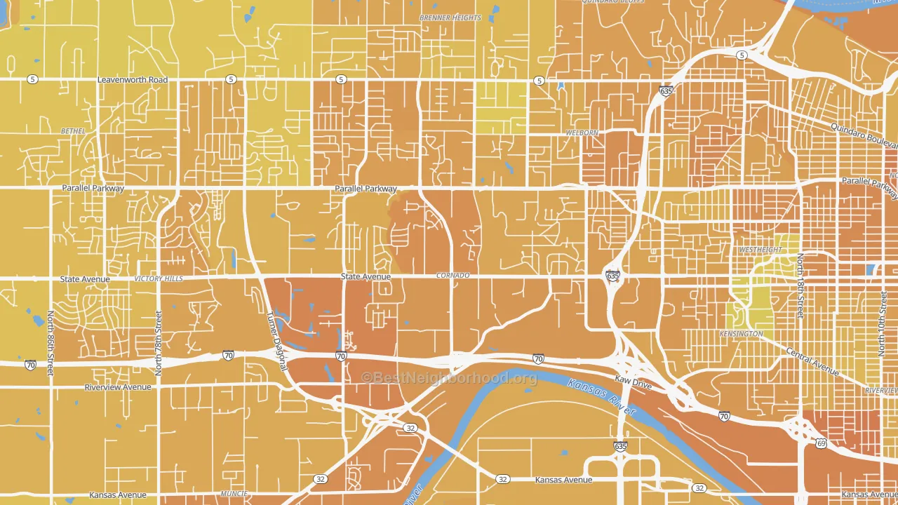Map of the best neighborhoods in the Coronado, Kansas City area, with better matches in green and worse matches in red