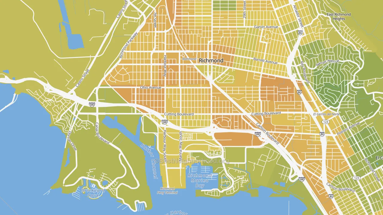 Map of the best neighborhoods in the Coronado, Richmond area, with better matches in green and worse matches in red
