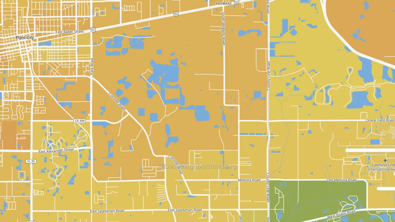 Map of the best neighborhoods in the Coronet area, with better matches in green and worse matches in red