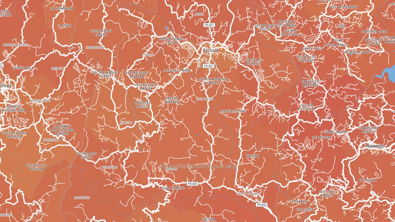 Map of the best neighborhoods in the Corozal Municipio area, with better matches in green and worse matches in red