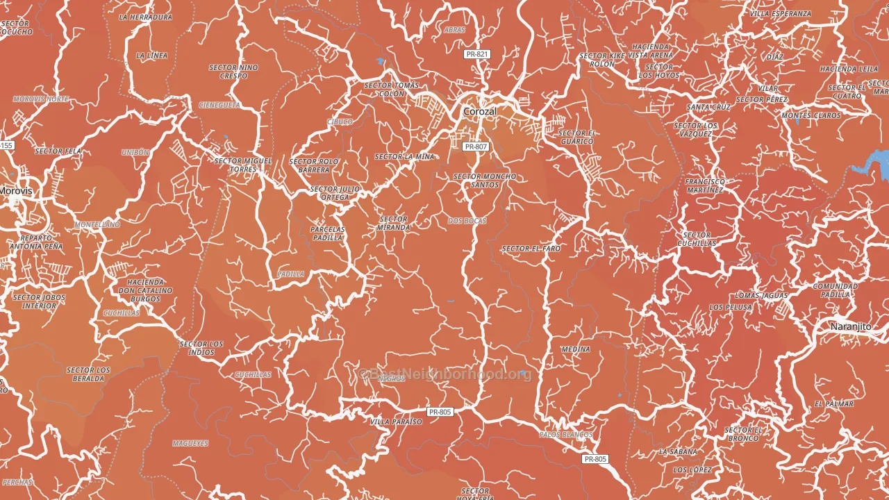 Map of the best neighborhoods in the Corozal area, with better matches in green and worse matches in red